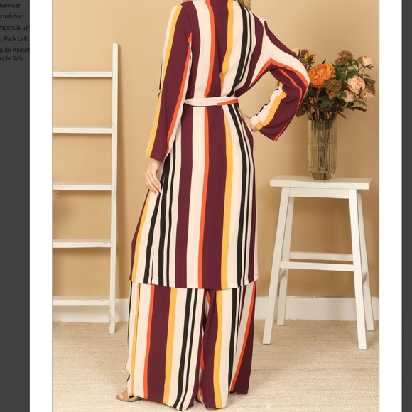 NWT Women's 2pc Stripe Collared Button Down Tie Waist Wide Leg Matching Suit - Picture 2 of 4